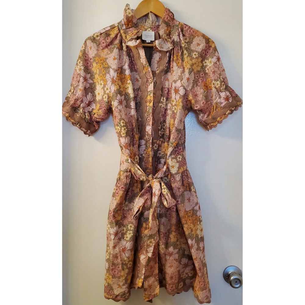 Anthropologie We are Sundays Evelyn Shirt Dress Mini M Mocha/Peach/Yellow Belted